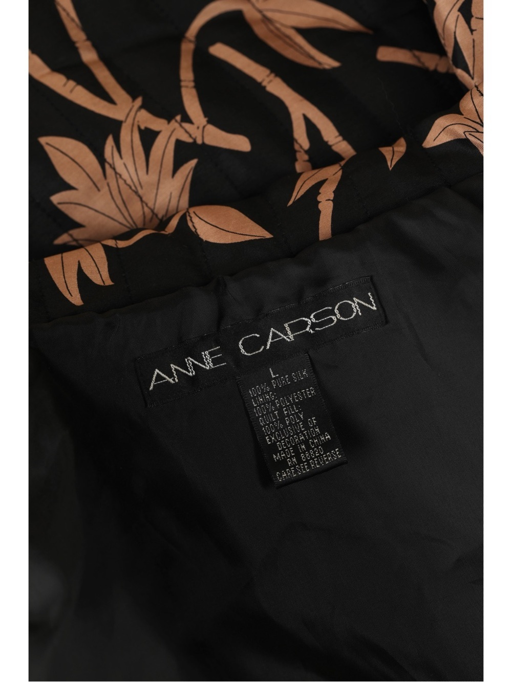 Sz L Anne Carson 100% Pure Silk Black & Tan Bamboo Quilted Zip Up Jacket EUC - Picture 6 of 6